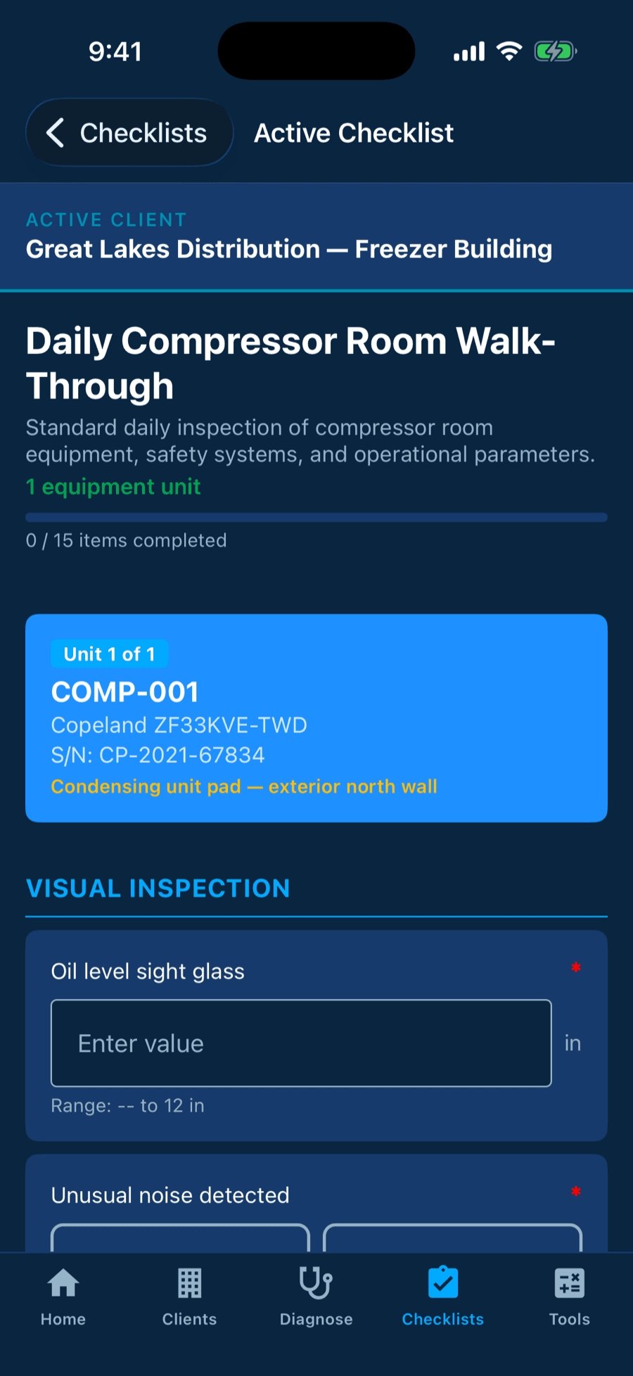 Active checklist with readings and pass-fail responses across multiple evaporators