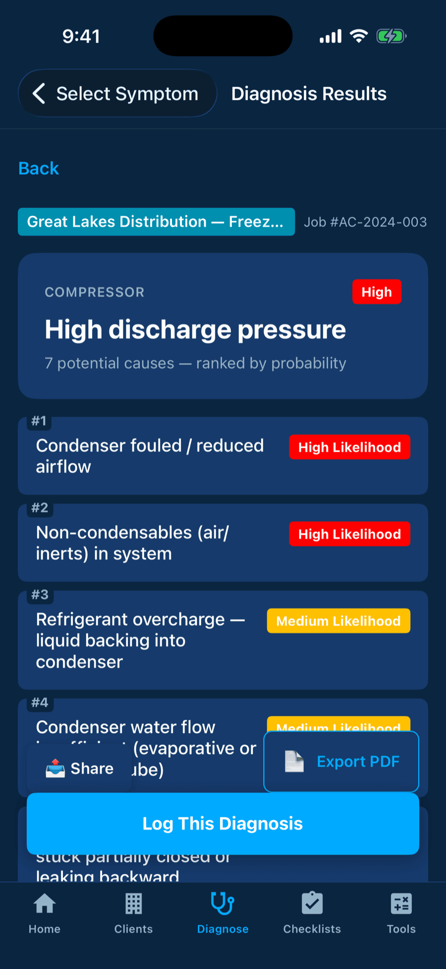 Diagnosis results for high discharge pressure showing seven causes ranked by probability
