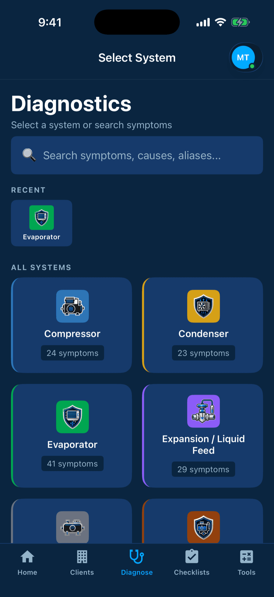 System selection screen listing the sixteen diagnostic systems